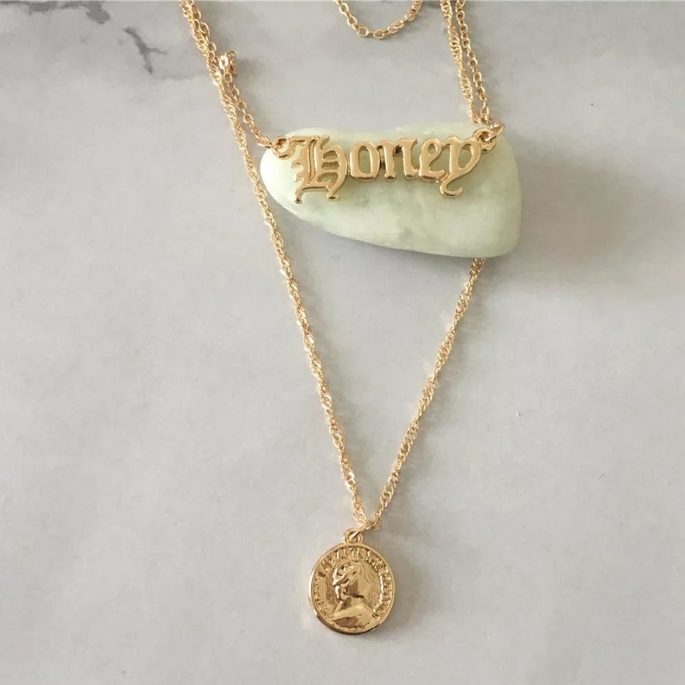 Gold HONEY Old English Word Pendant Necklace